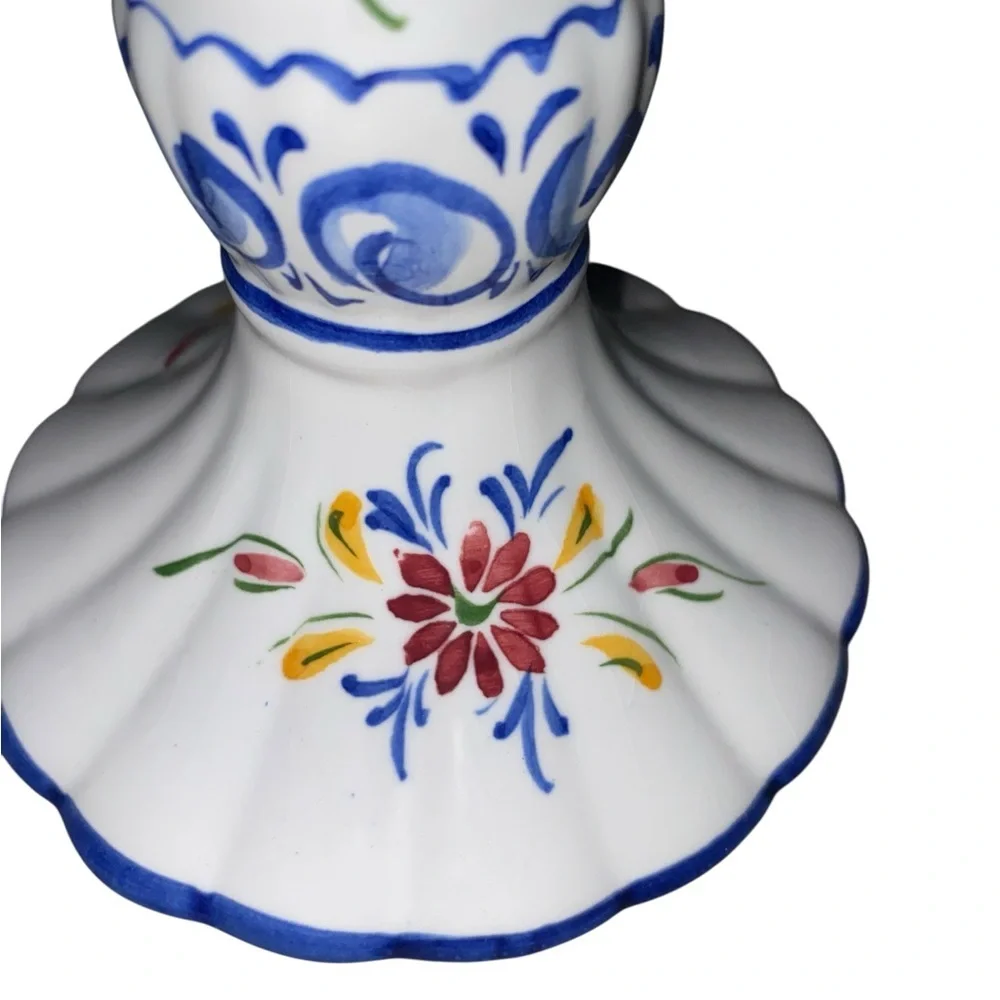 Vintage Ceramic Hand painted floral blue & white Candle Holder Portugal Signed